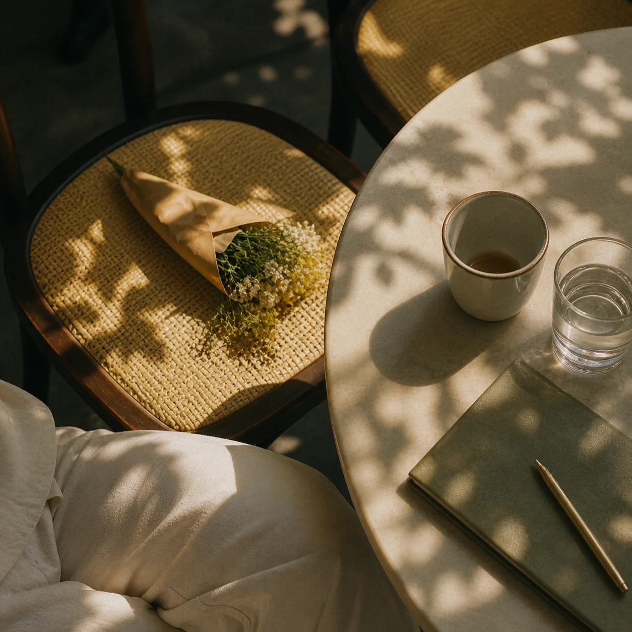 A loosely wrapped bouquet resting on a café chair beside a sunlit table.