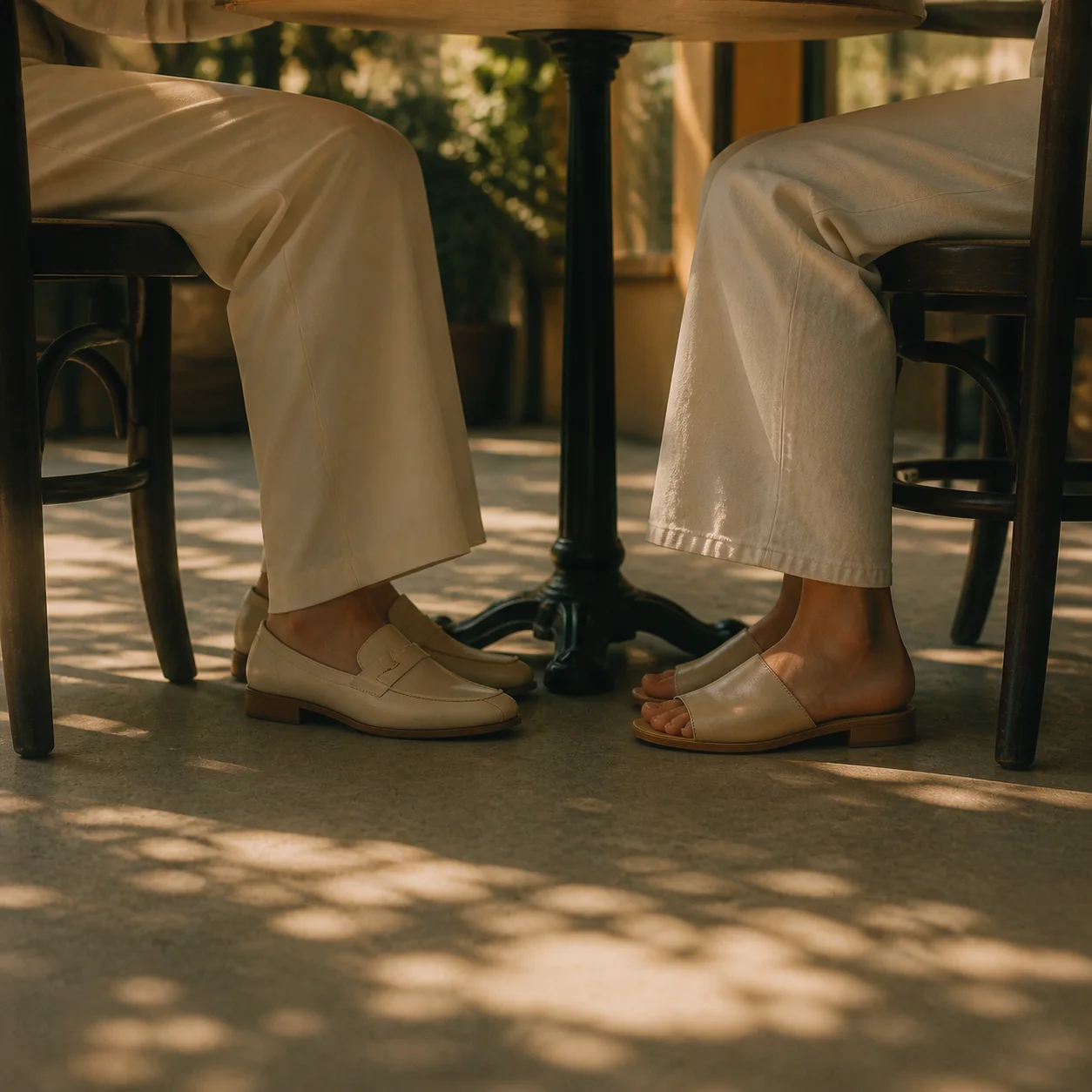 Two pairs of feet almost touching beneath a café table in warm dappled light.